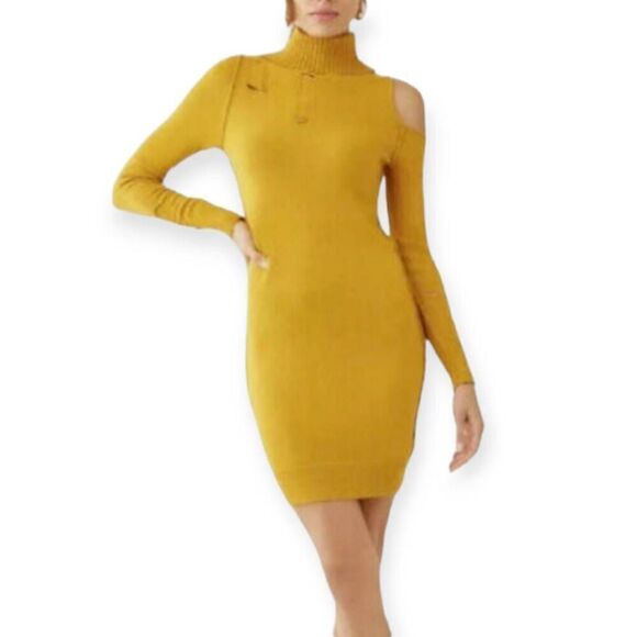 Forever 21 Mustard Turtleneck Distressed Sweater Open Shoulder Dress Size m - Picture 1 of 11